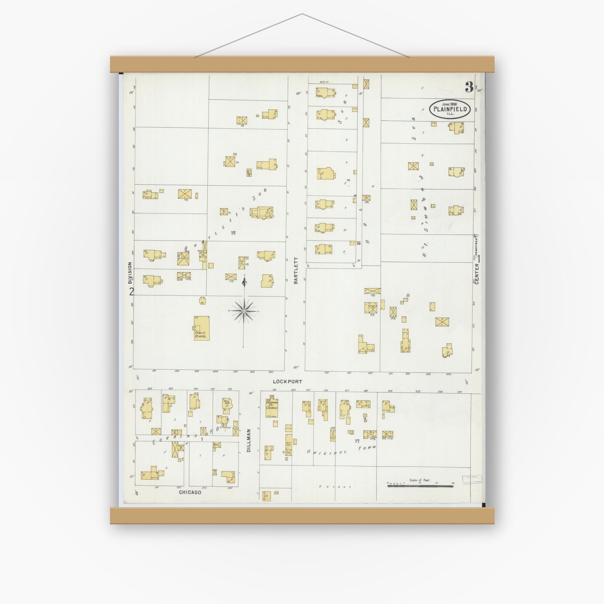 Old map wall art mockup — magnetic wood frame on white wall — Sanborn Fire Insurance Map from Plainfield, Will County, Illinois (1898), Sheet #0003