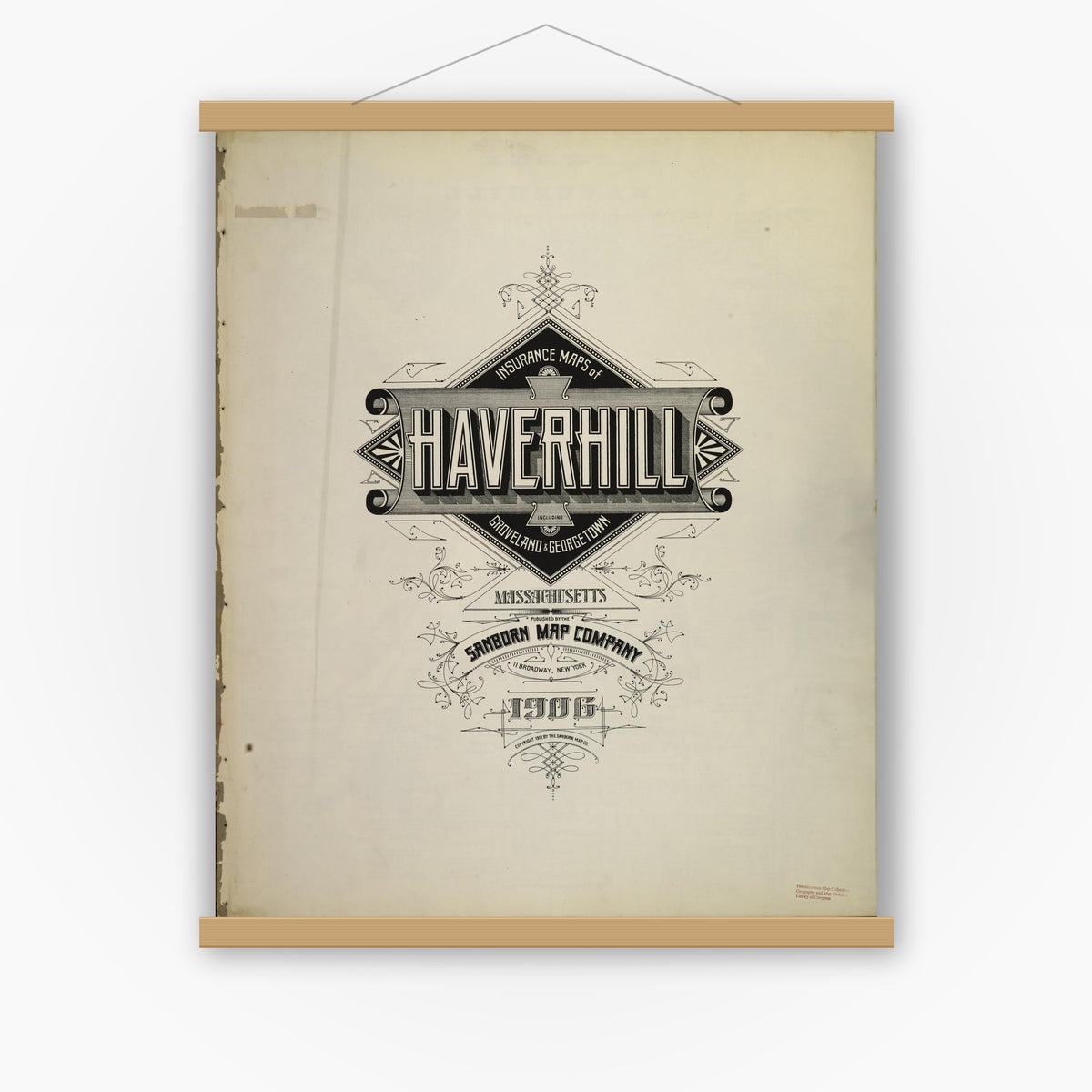 Old map wall art mockup — magnetic wood frame on white wall — Sanborn Fire Insurance Map from Haverhill, Essex County, Massachusetts (1906), Sheet #0001
