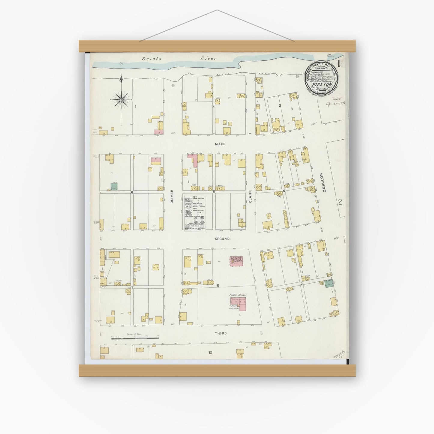 Old map wall art mockup — magnetic wood frame on white wall — Sanborn Fire Insurance Map from Piketon, Pike County, Ohio (1896) - Complete Map Set