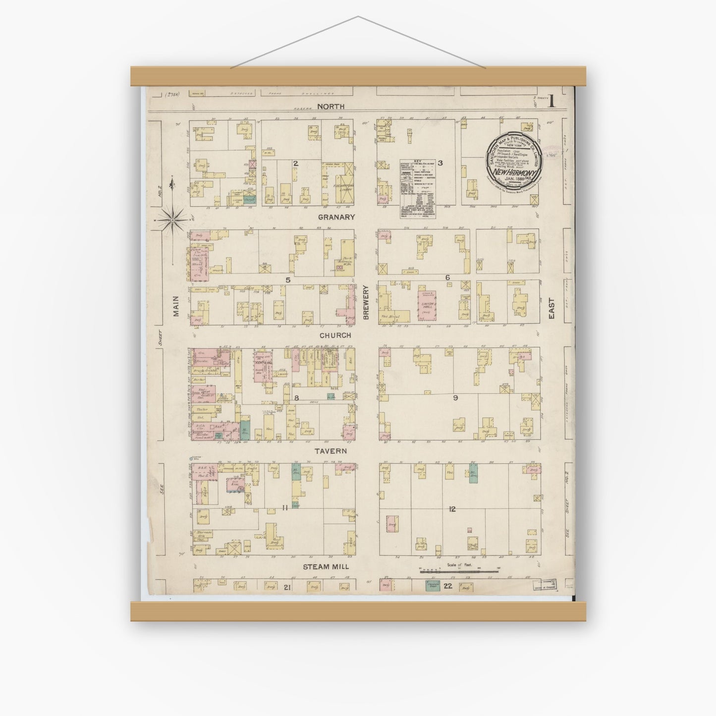 Old map wall art mockup — magnetic wood frame on white wall — Sanborn Fire Insurance Map from New Harmony, Posey County, Indiana (1888), Sheet #0001