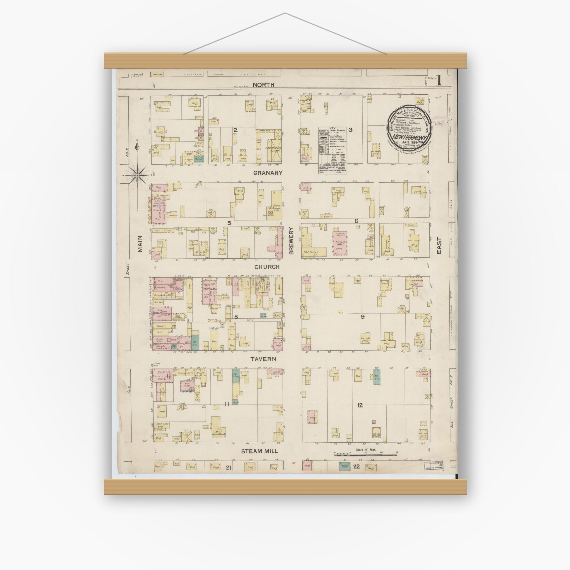 Old map wall art mockup — magnetic wood frame on white wall — Sanborn Fire Insurance Map from New Harmony, Posey County, Indiana (1888), Sheet #0001