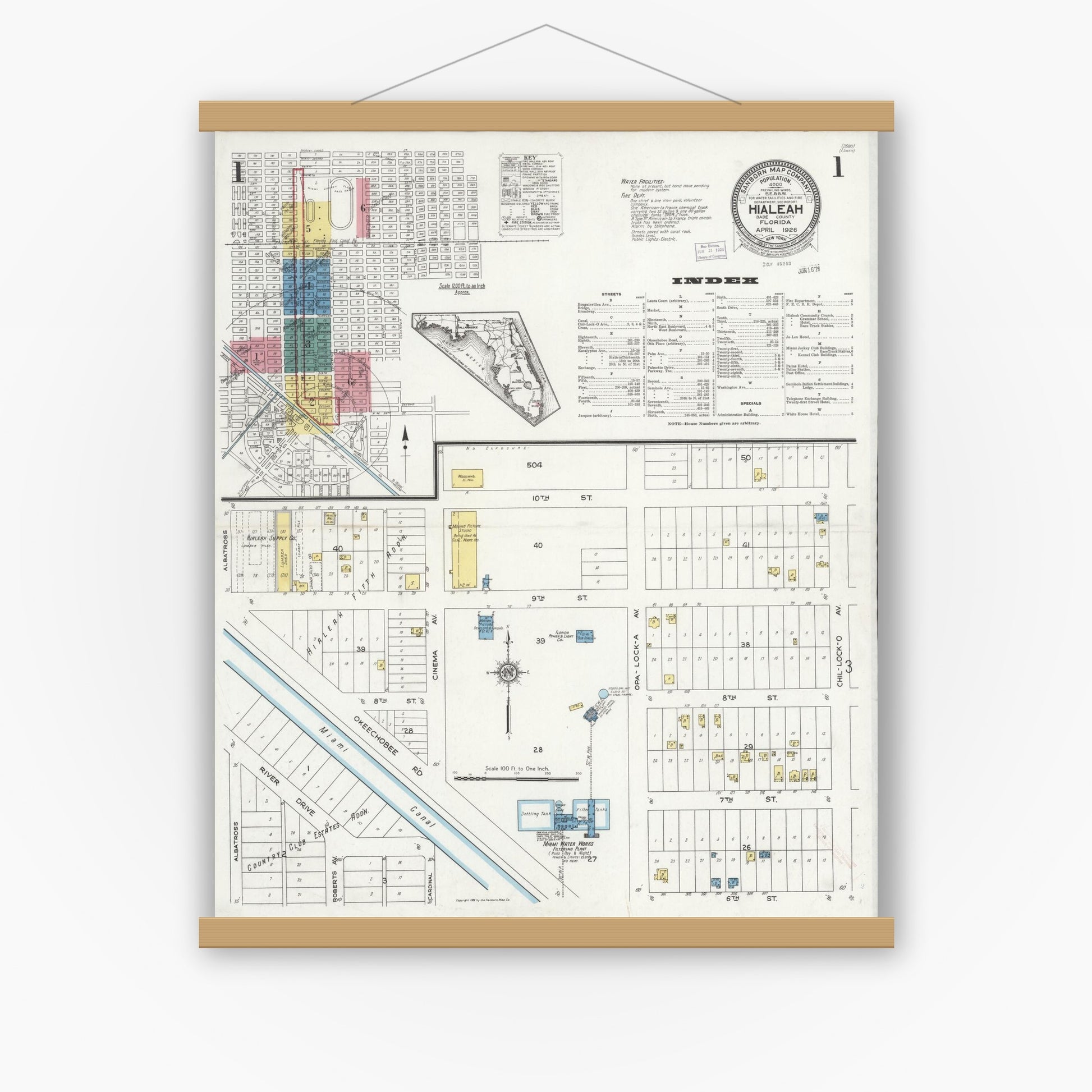 Old map wall art mockup — magnetic wood frame on white wall — Sanborn Fire Insurance Map from Hialeah, Dade County, Florida (1926) - Complete Map Set