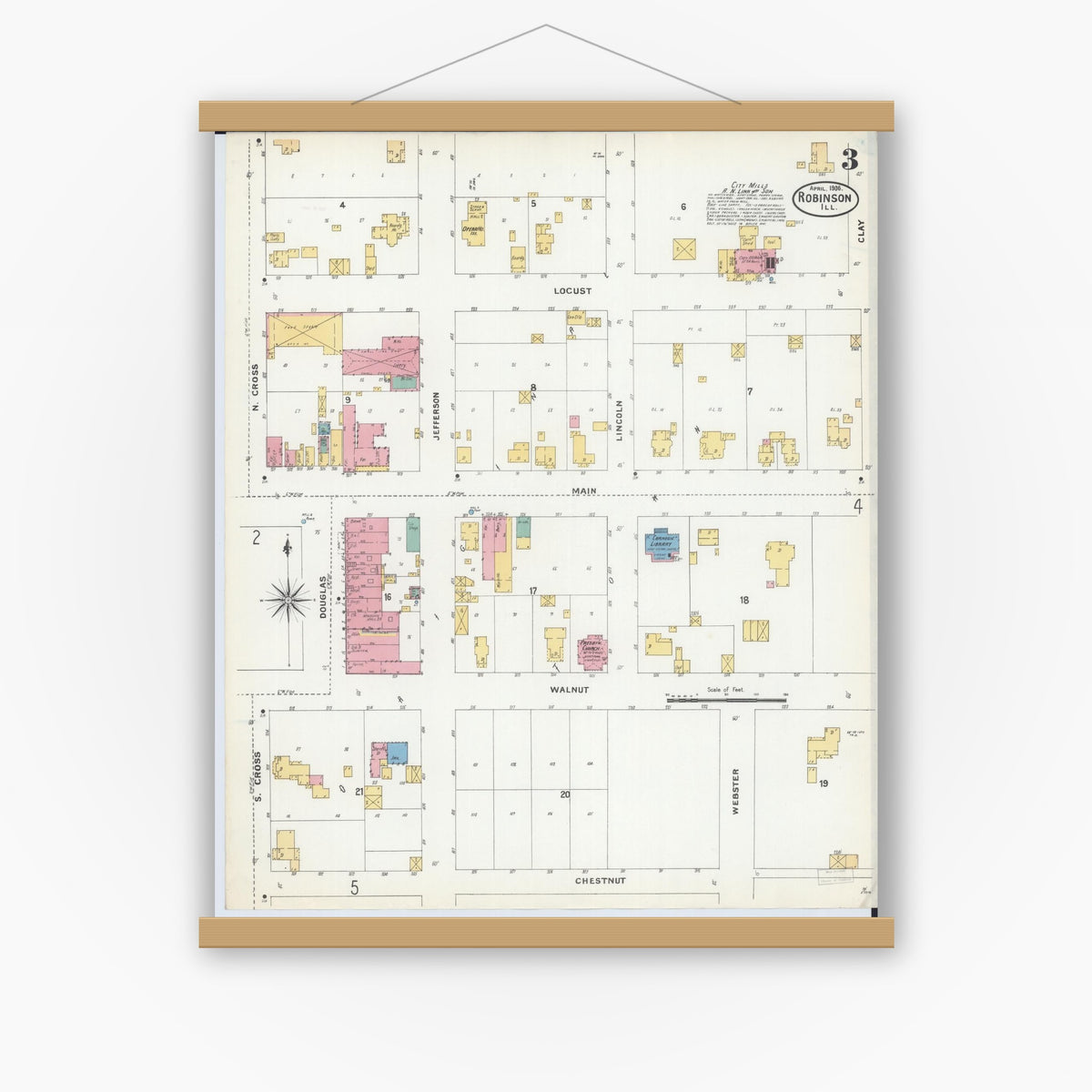 Old map wall art mockup — magnetic wood frame on white wall — Sanborn Fire Insurance Map from Robinson, Crawford County, Illinois (1906), Sheet #0003