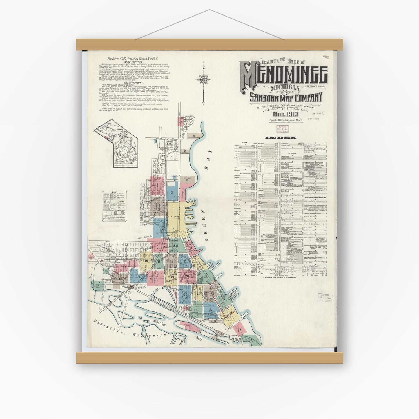 Old map wall art mockup — magnetic wood frame on white wall — Sanborn Fire Insurance Map from Menominee, Menominee County, Michigan (1913), Sheet #0001