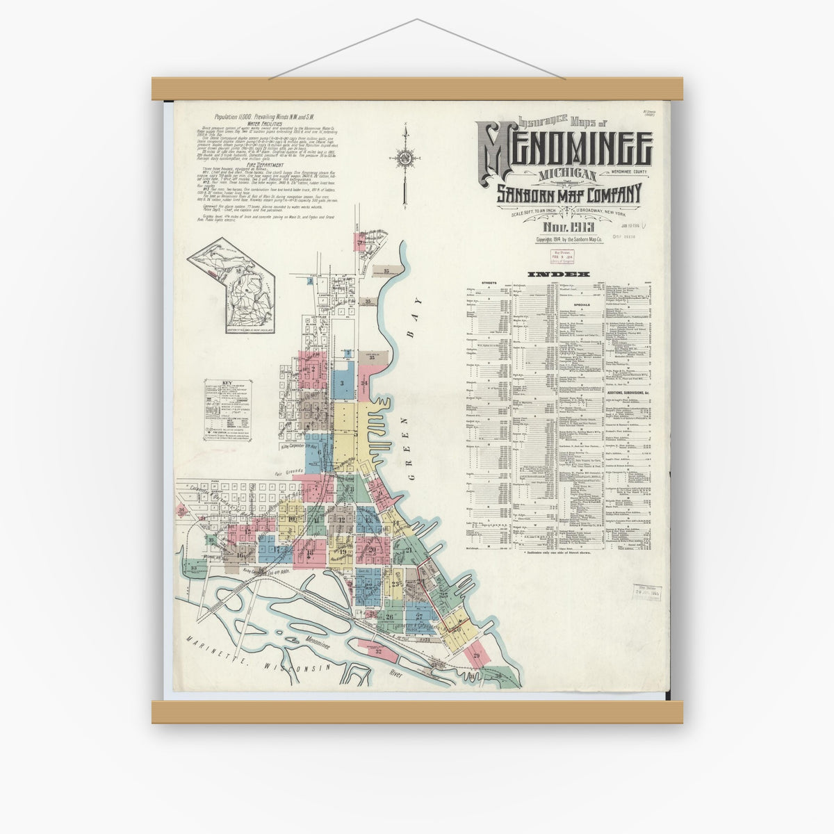 Old map wall art mockup — magnetic wood frame on white wall — Sanborn Fire Insurance Map from Menominee, Menominee County, Michigan (1913), Sheet #0001