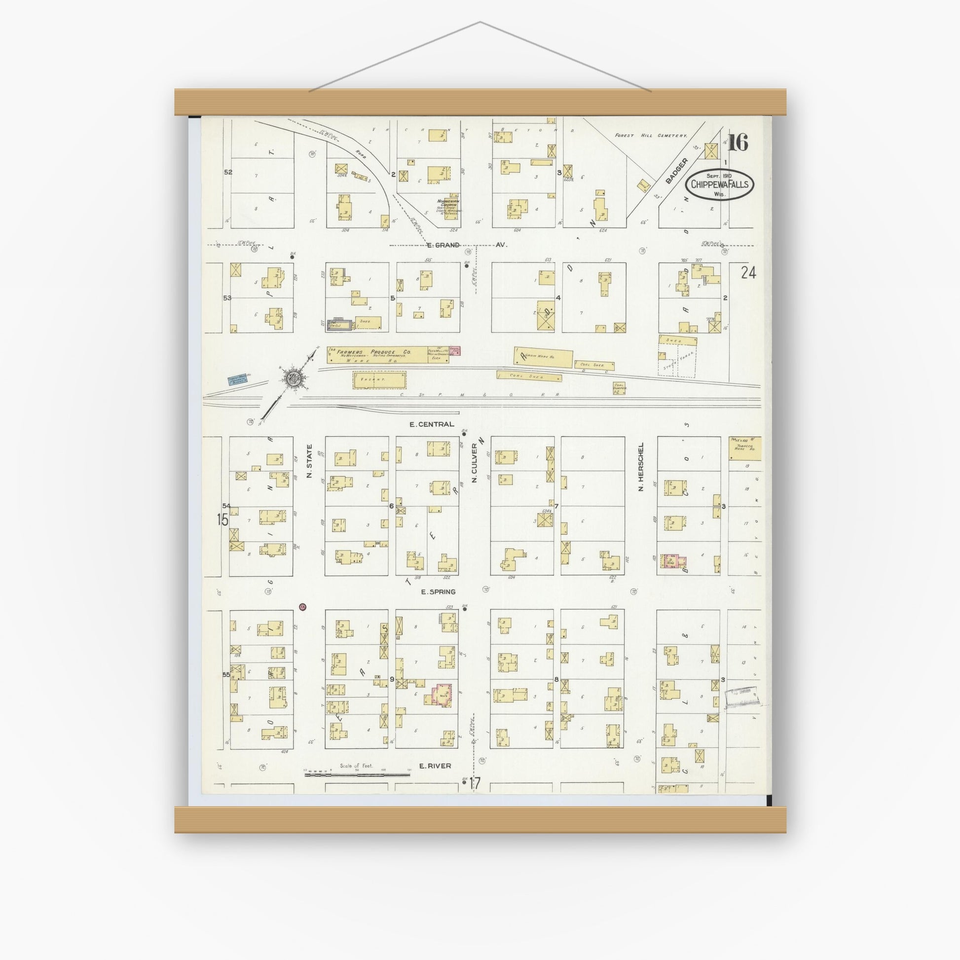 Old map wall art mockup — magnetic wood frame on white wall — Sanborn Fire Insurance Map from Chippewa Falls, Chippewa County, Wisconsin (1910), Sheet #0016