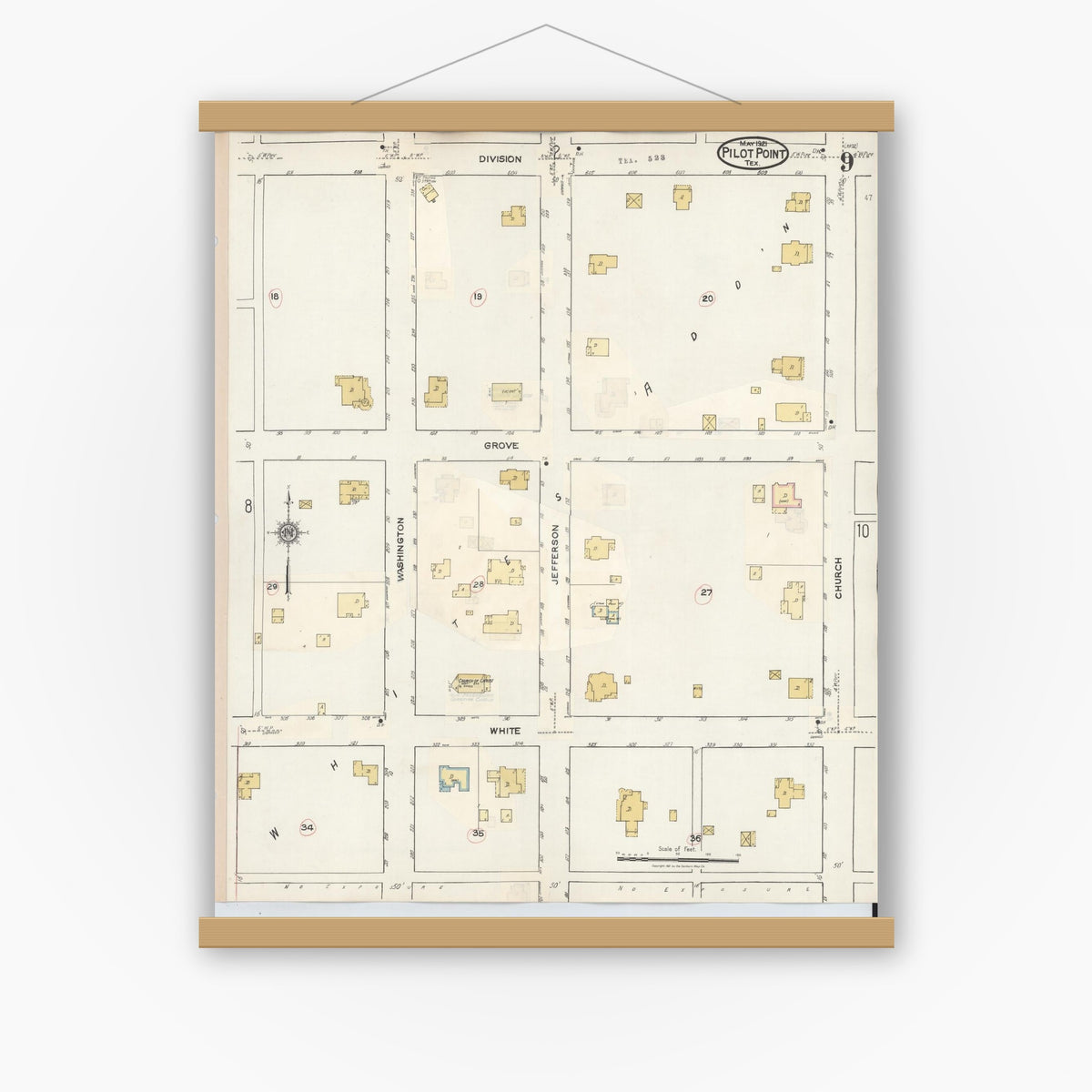 Old map wall art mockup — magnetic wood frame on white wall — Sanborn Fire Insurance Map from Pilot Point, Denton County, Texas (1940), Sheet #0009