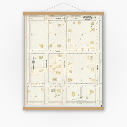 Old map wall art mockup — magnetic wood frame on white wall — Sanborn Fire Insurance Map from Pilot Point, Denton County, Texas (1940), Sheet #0009