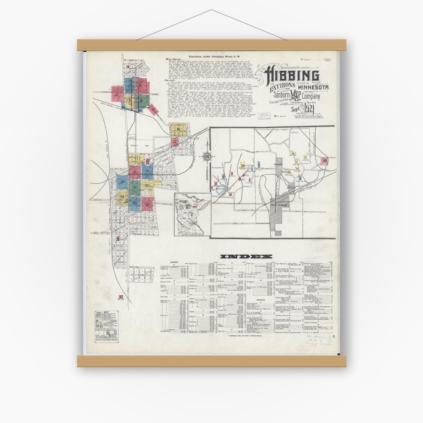 Old map wall art mockup — magnetic wood frame on white wall — Sanborn Fire Insurance Map from Hibbing, Saint Louis County, Minnesota (1921), Sheet #0001
