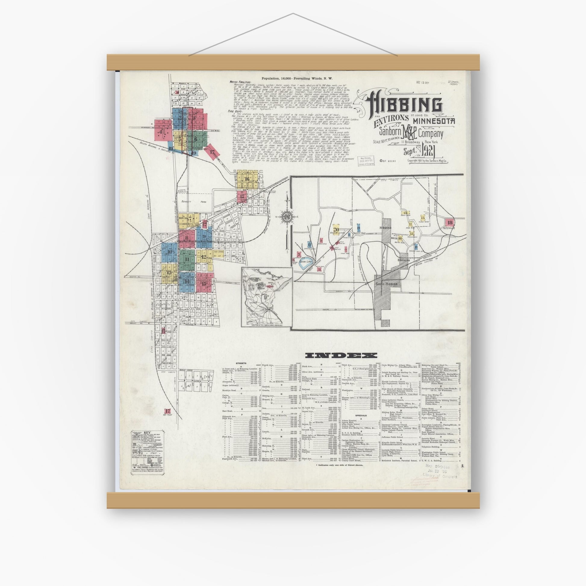 Old map wall art mockup — magnetic wood frame on white wall — Sanborn Fire Insurance Map from Hibbing, Saint Louis County, Minnesota (1921), Sheet #0001