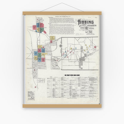 Old map wall art mockup — magnetic wood frame on white wall — Sanborn Fire Insurance Map from Hibbing, Saint Louis County, Minnesota (1921), Sheet #0001