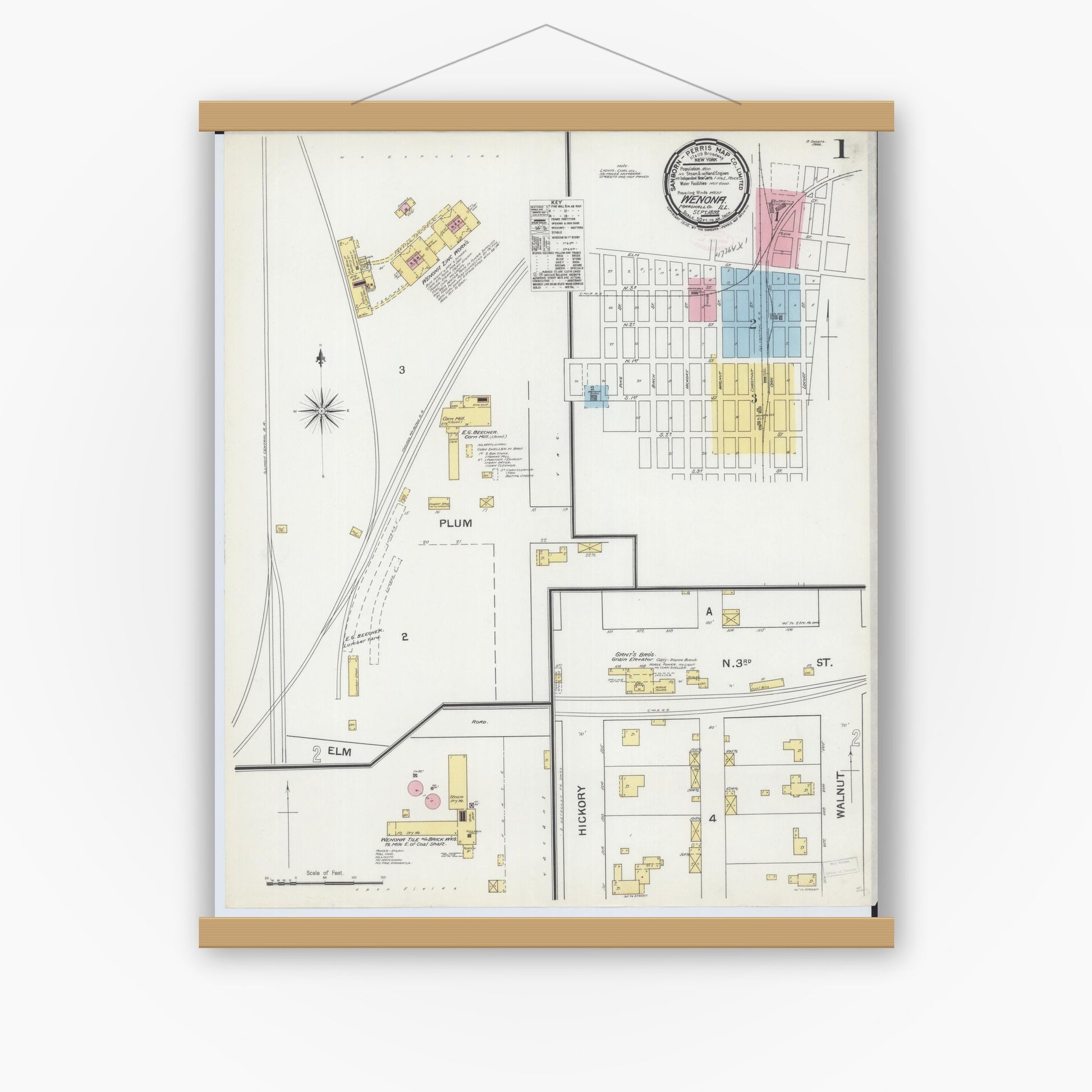 Old map wall art mockup — magnetic wood frame on white wall — Sanborn Fire Insurance Map from Wenona, Marshall County, Illinois (1892), Sheet #0001