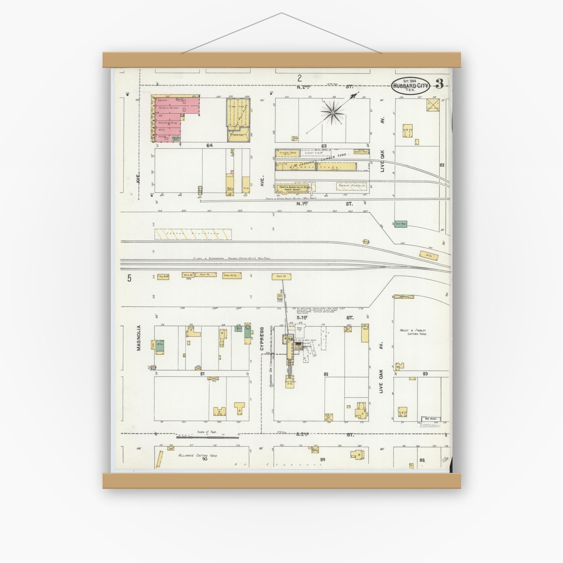 Old map wall art mockup — magnetic wood frame on white wall — Sanborn Fire Insurance Map from Hubbard, Hill County, Texas (1904), Sheet #0003