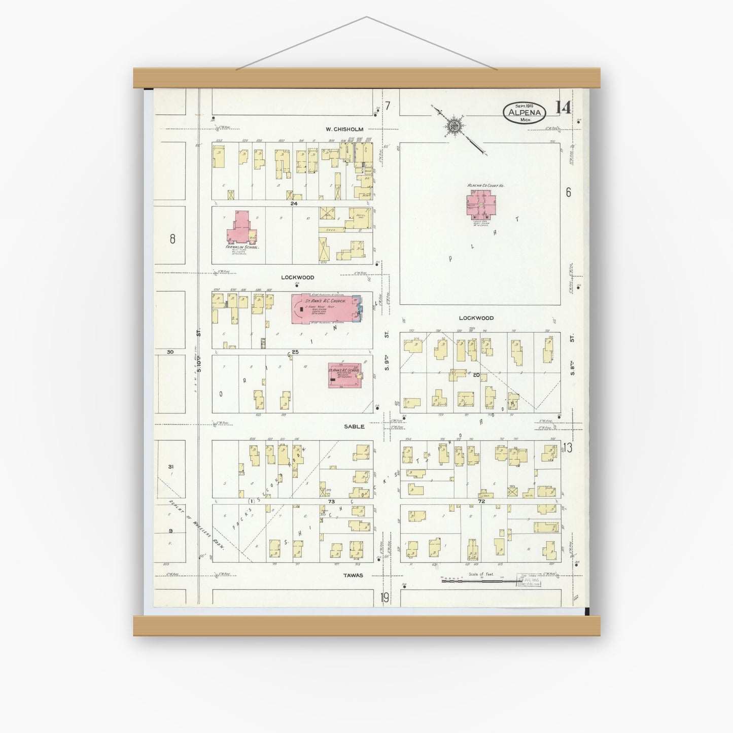 Old map wall art mockup — magnetic wood frame on white wall — Sanborn Fire Insurance Map from Alpena, Alpena County, Michigan (1910), Sheet #0014