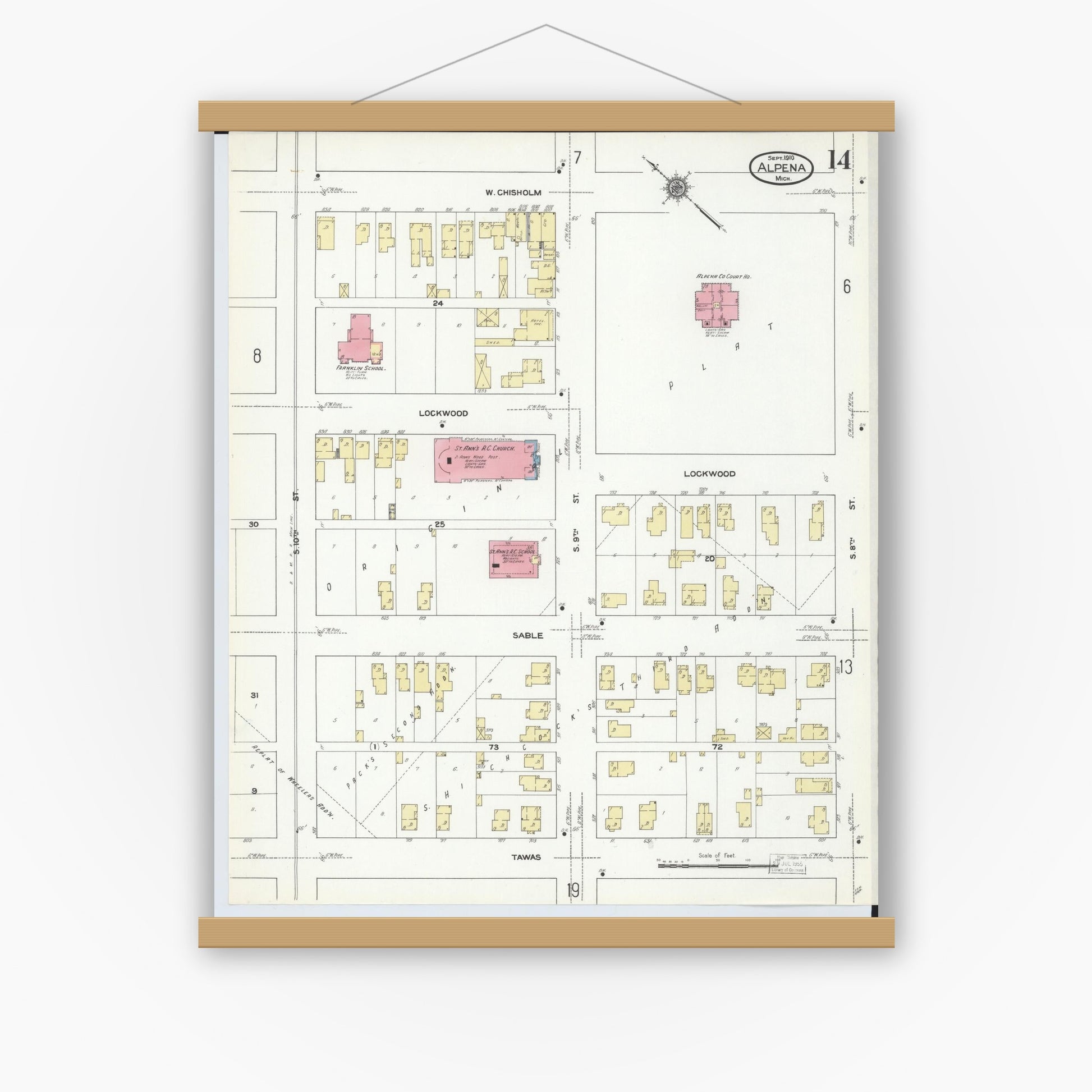 Old map wall art mockup — magnetic wood frame on white wall — Sanborn Fire Insurance Map from Alpena, Alpena County, Michigan (1910), Sheet #0014