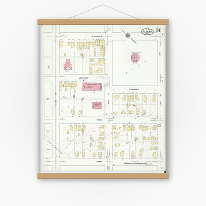 Old map wall art mockup — magnetic wood frame on white wall — Sanborn Fire Insurance Map from Alpena, Alpena County, Michigan (1910), Sheet #0014