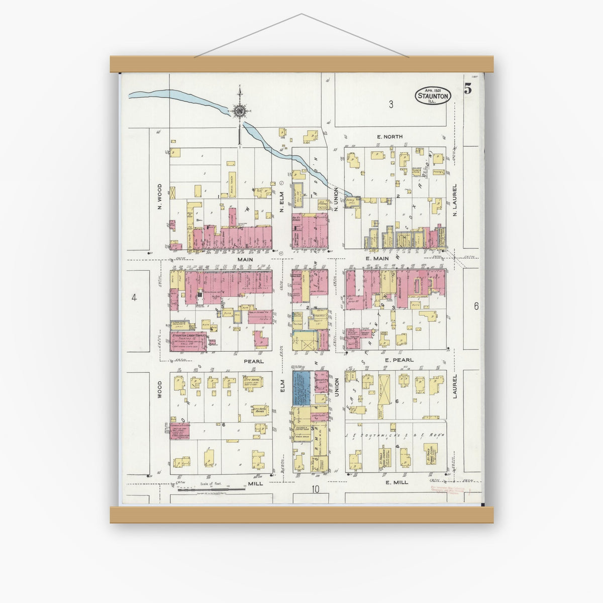 Old map wall art mockup — magnetic wood frame on white wall — Sanborn Fire Insurance Map from Staunton, Macoupin County, Illinois (1921), Sheet #0005