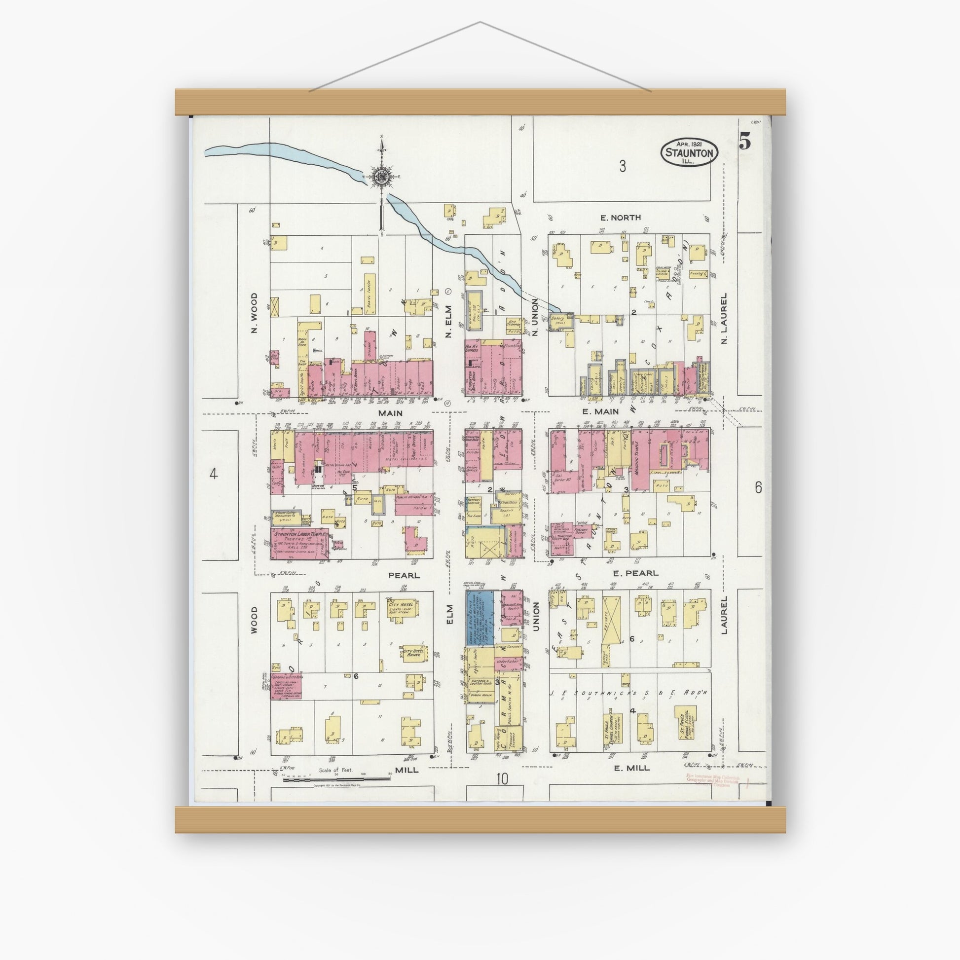 Old map wall art mockup — magnetic wood frame on white wall — Sanborn Fire Insurance Map from Staunton, Macoupin County, Illinois (1921), Sheet #0005