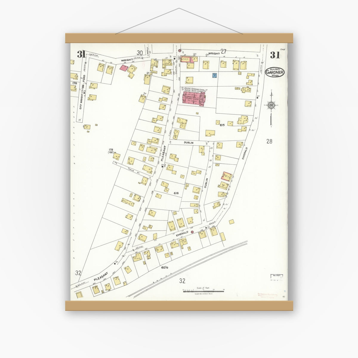Old map wall art mockup — magnetic wood frame on white wall — Sanborn Fire Insurance Map from Gardner, Worcester County, Massachusetts (1923), Sheet #0031