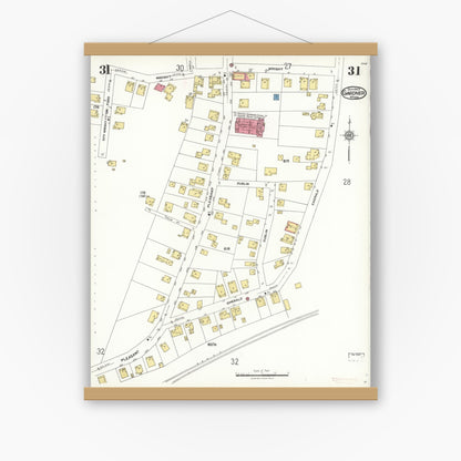 Old map wall art mockup — magnetic wood frame on white wall — Sanborn Fire Insurance Map from Gardner, Worcester County, Massachusetts (1923), Sheet #0031