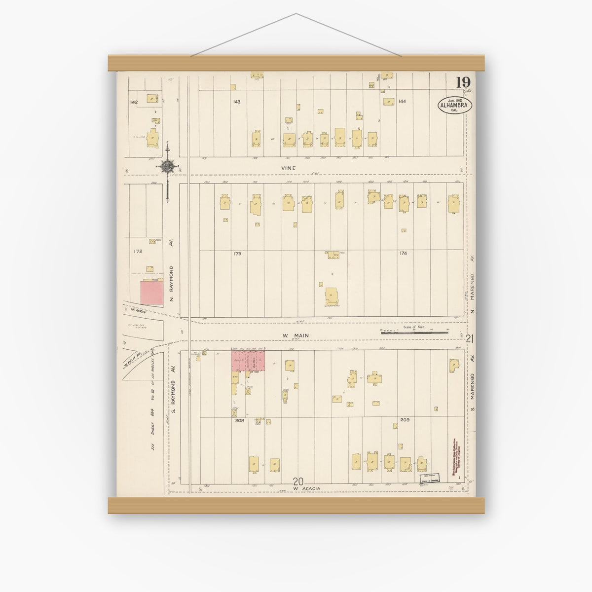 Old map wall art mockup — magnetic wood frame on white wall — Sanborn Fire Insurance Map from Alhambra, Los Angeles County, California (1912), Sheet #0019