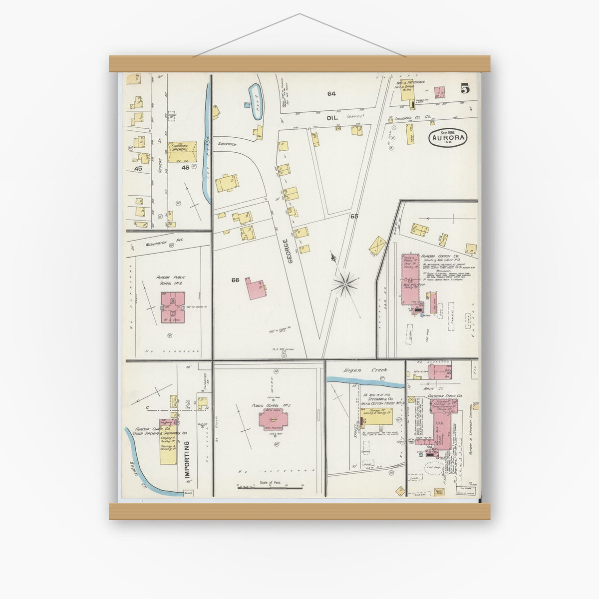 Old map wall art mockup — magnetic wood frame on white wall — Sanborn Fire Insurance Map from Aurora, Dearborn County, Indiana (1892), Sheet #0005