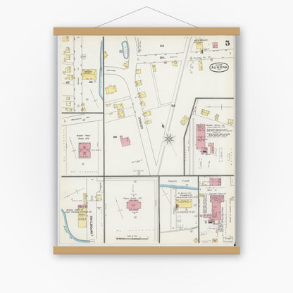 Old map wall art mockup — magnetic wood frame on white wall — Sanborn Fire Insurance Map from Aurora, Dearborn County, Indiana (1892), Sheet #0005