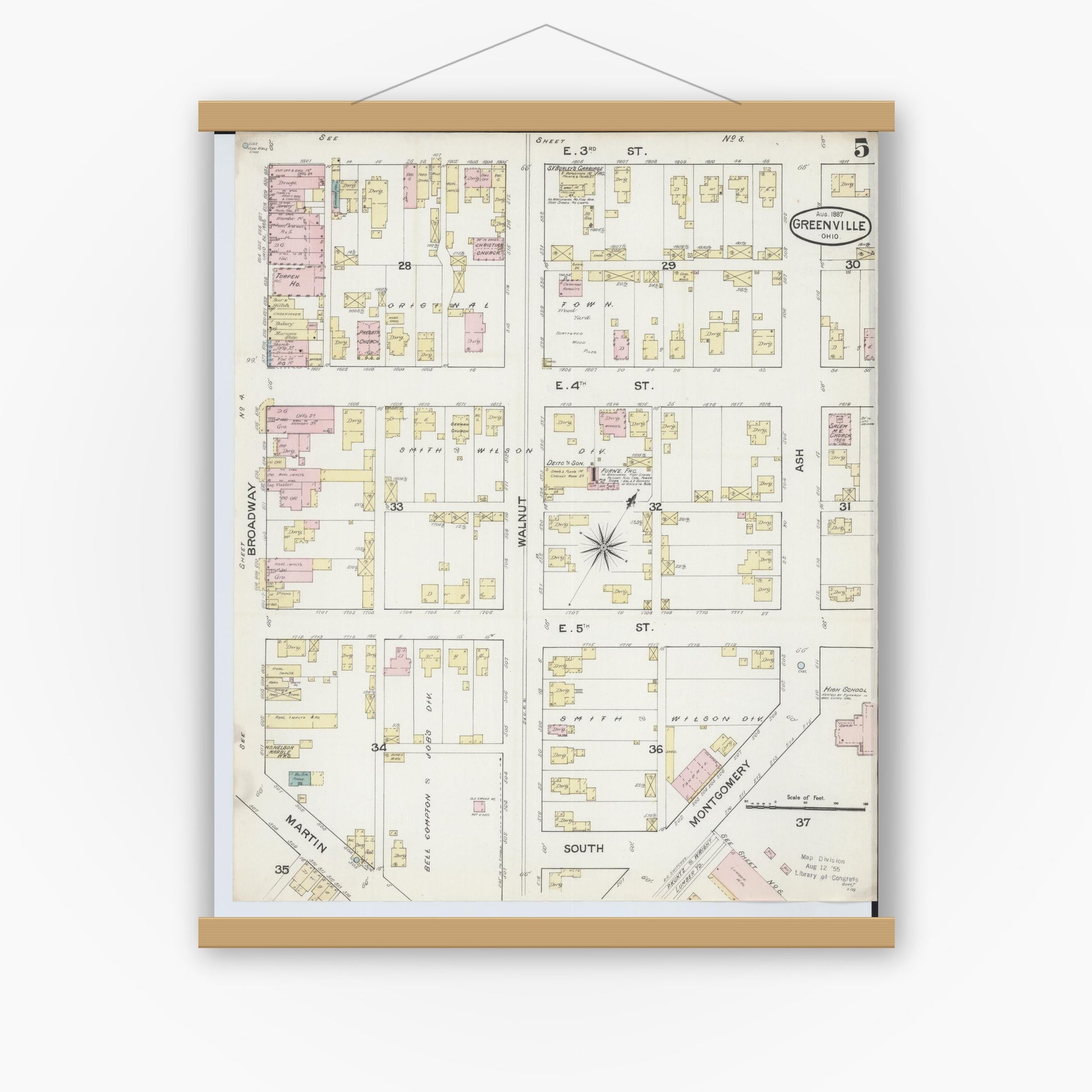 Old map wall art mockup — magnetic wood frame on white wall — Sanborn Fire Insurance Map from Greenville, Darke County, Ohio (1887), Sheet #0005