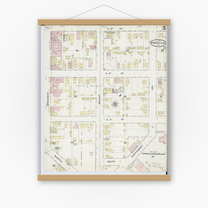 Old map wall art mockup — magnetic wood frame on white wall — Sanborn Fire Insurance Map from Greenville, Darke County, Ohio (1887), Sheet #0005