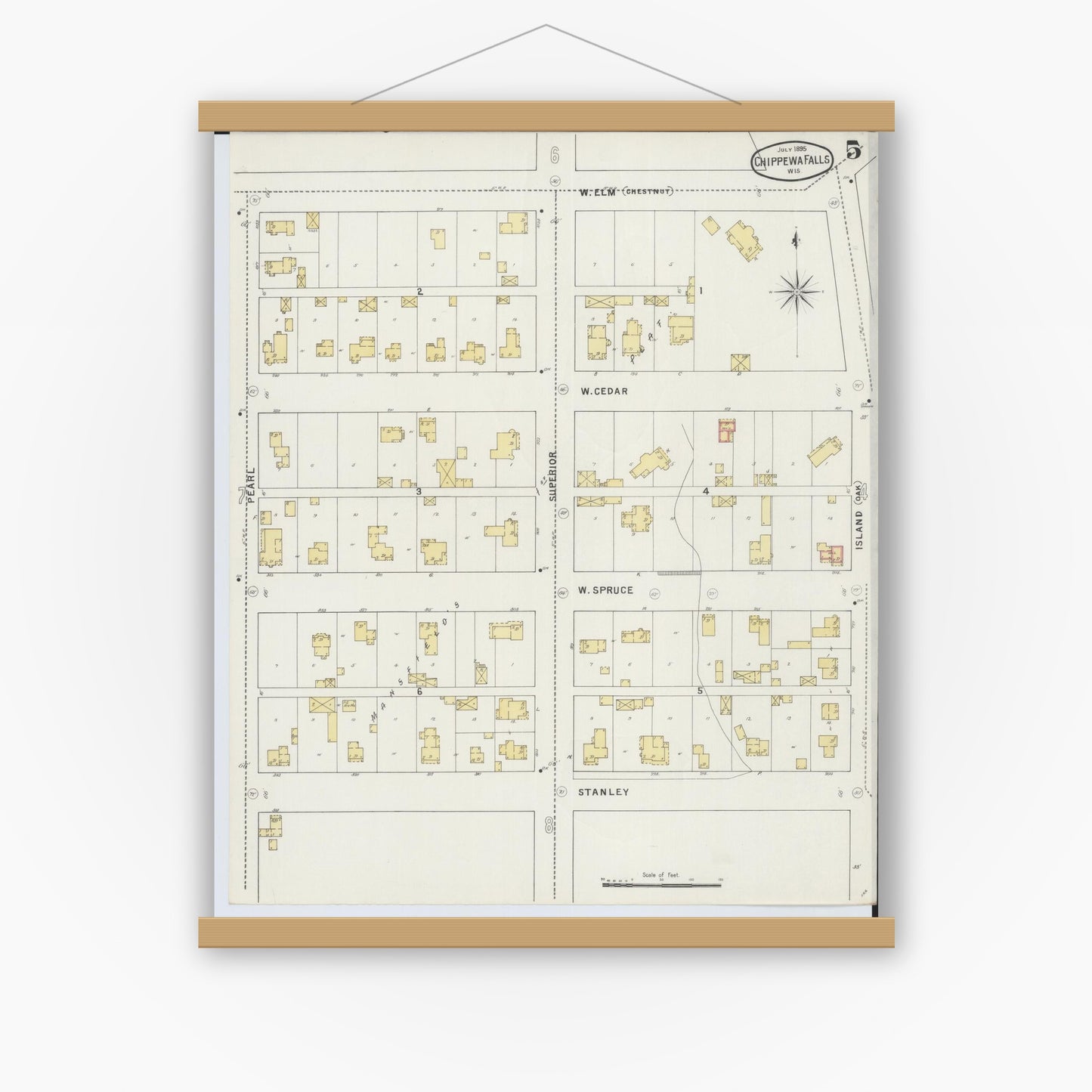 Old map wall art mockup — magnetic wood frame on white wall — Sanborn Fire Insurance Map from Chippewa Falls, Chippewa County, Wisconsin (1895), Sheet #0005