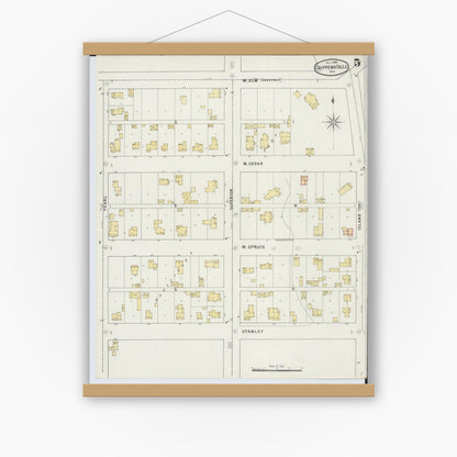Old map wall art mockup — magnetic wood frame on white wall — Sanborn Fire Insurance Map from Chippewa Falls, Chippewa County, Wisconsin (1895), Sheet #0005