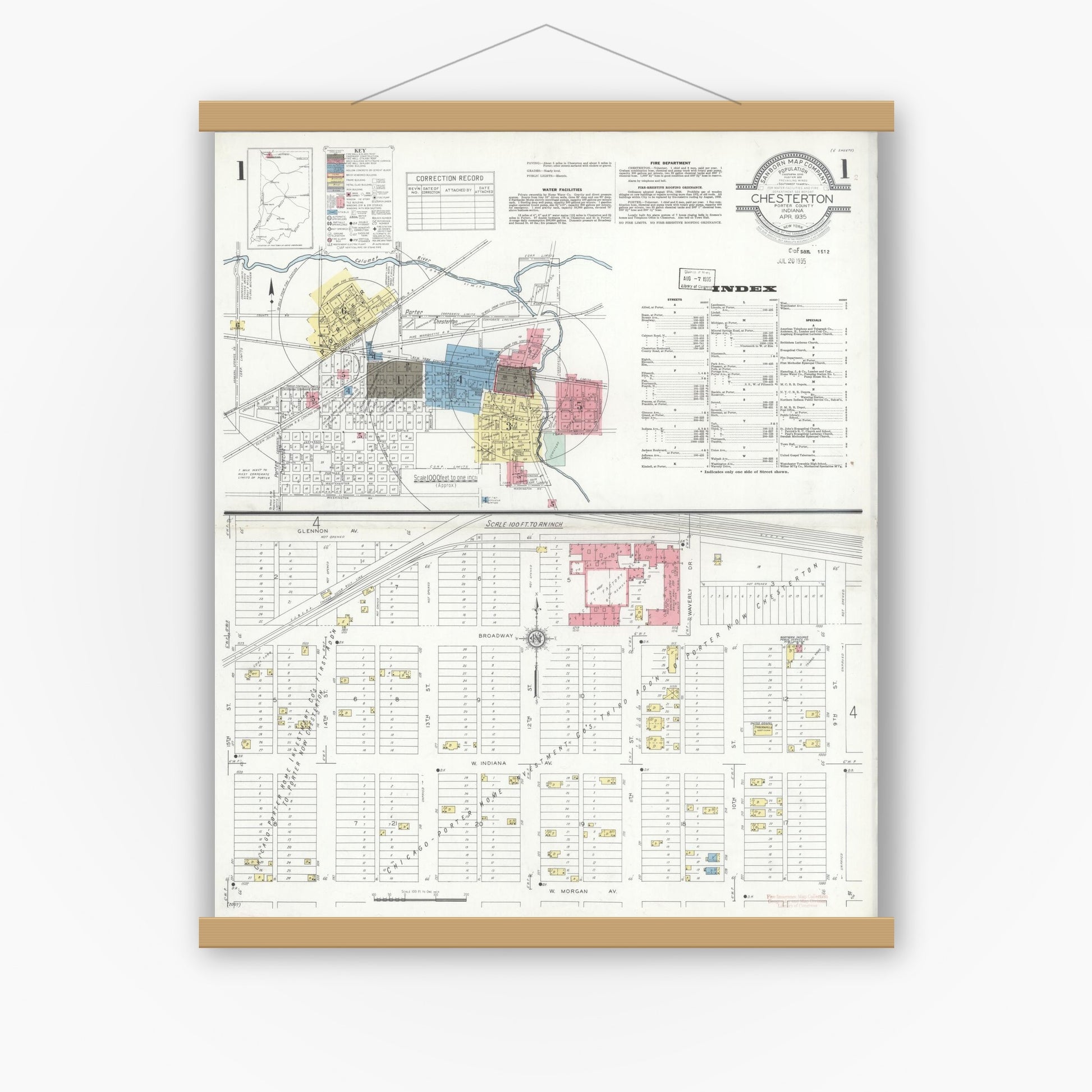 Old map wall art mockup — magnetic wood frame on white wall — Sanborn Fire Insurance Map from Chesterton, Porter County, Indiana (1935) - Complete Map Set