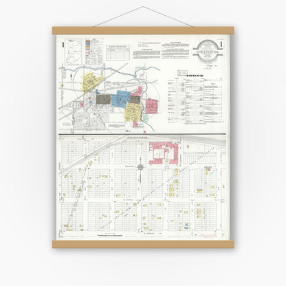 Old map wall art mockup — magnetic wood frame on white wall — Sanborn Fire Insurance Map from Chesterton, Porter County, Indiana (1935) - Complete Map Set