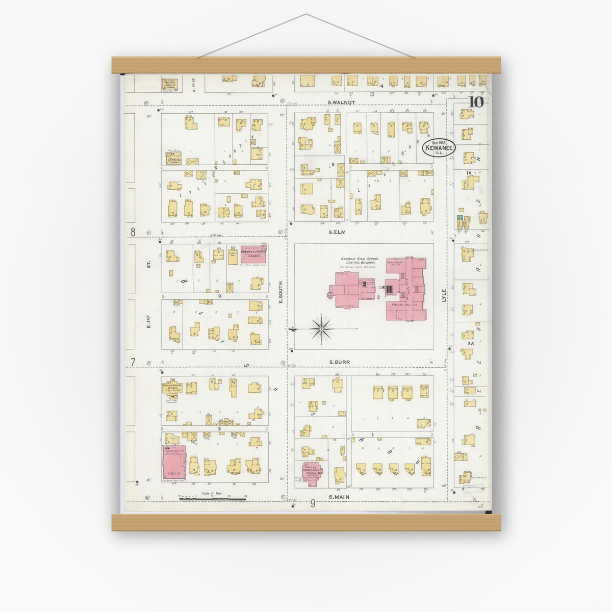 Old map wall art mockup — magnetic wood frame on white wall — Sanborn Fire Insurance Map from Kewanee, Henry County, Illinois (1905), Sheet #0010