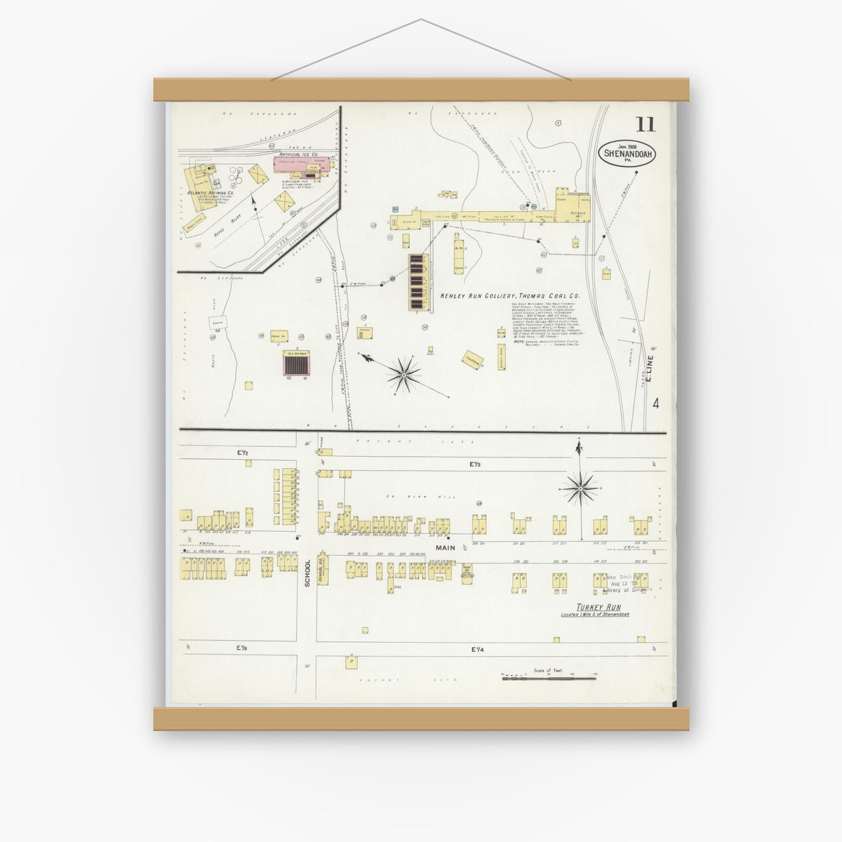 Old map wall art mockup — magnetic wood frame on white wall — Sanborn Fire Insurance Map from Shenandoah, Schuylkill County, Pennsylvania (1908), Sheet #0011