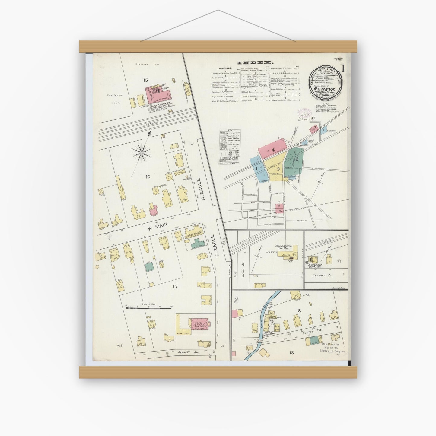 Old map wall art mockup — magnetic wood frame on white wall — Sanborn Fire Insurance Map from Geneva, Ashtabula County, Ohio (1893), Sheet #0001