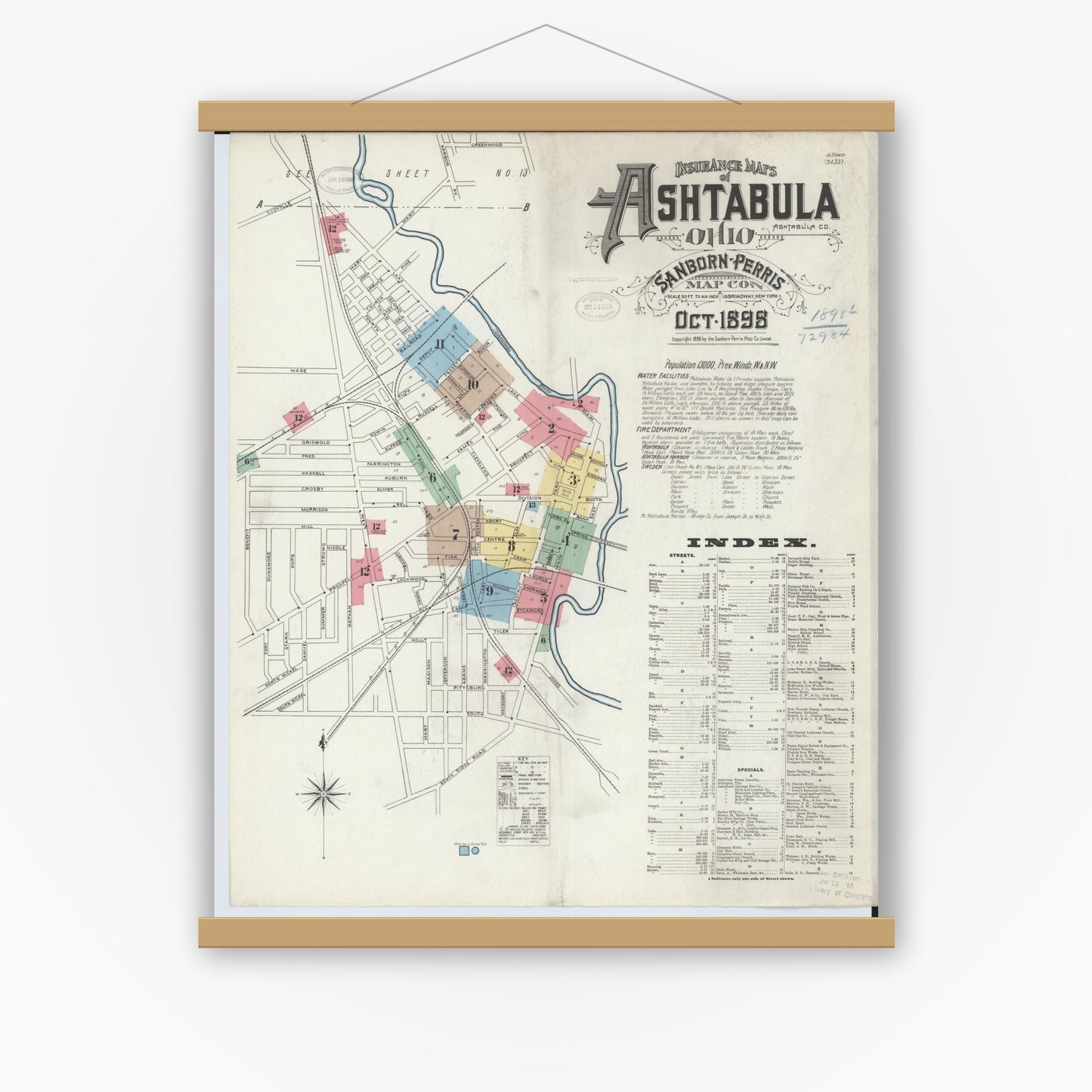 Old map wall art mockup — magnetic wood frame on white wall — Sanborn Fire Insurance Map from Ashtabula, Ashtabula County, Ohio (1898), Sheet #0001