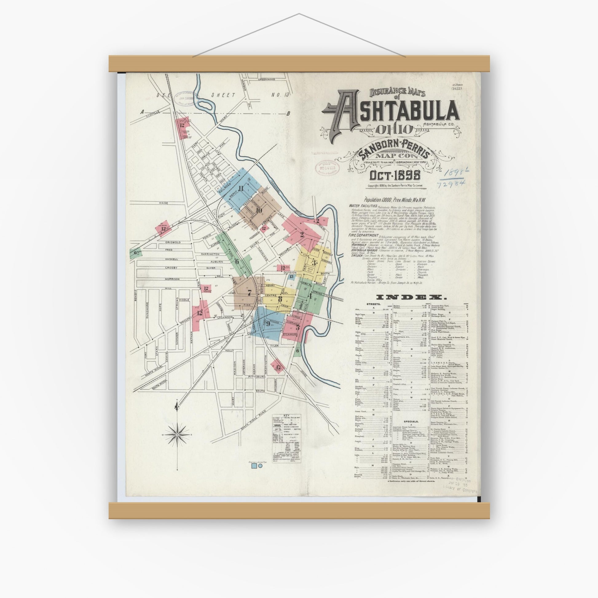 Old map wall art mockup — magnetic wood frame on white wall — Sanborn Fire Insurance Map from Ashtabula, Ashtabula County, Ohio (1898), Sheet #0001