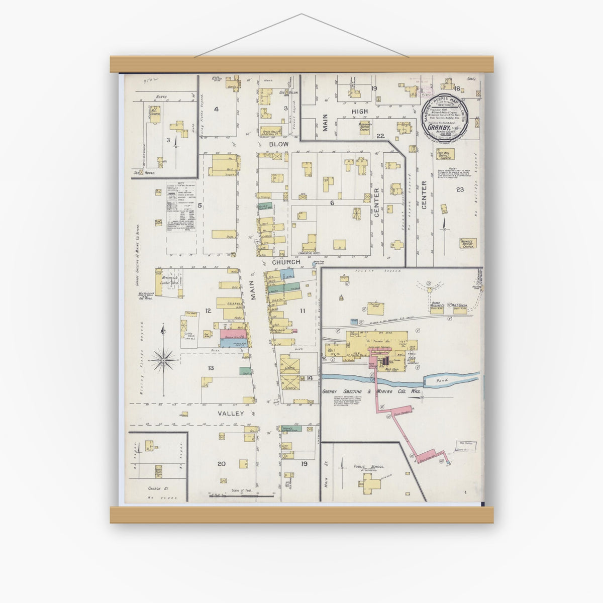 Old map wall art mockup — magnetic wood frame on white wall — Sanborn Fire Insurance Map from Granby, Newton County, Missouri (1894), Sheet #0001