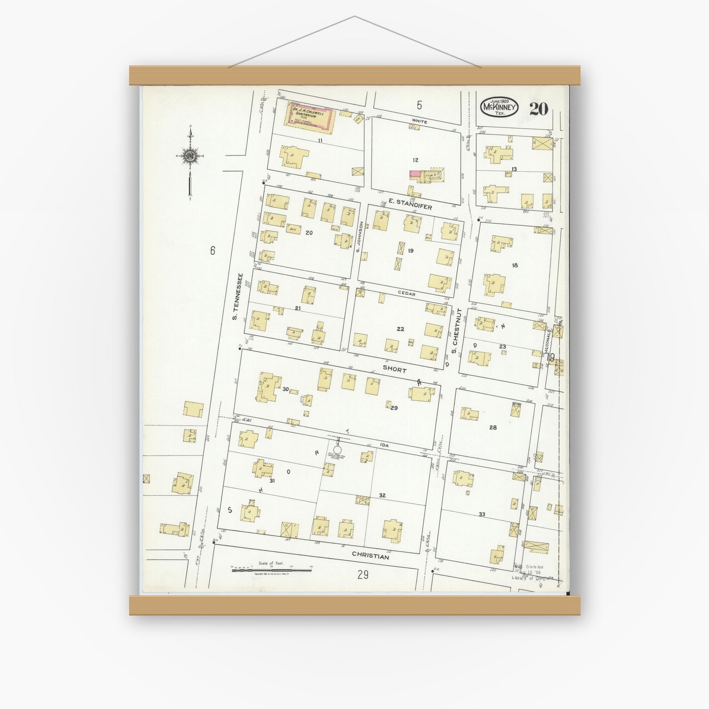 Old map wall art mockup — magnetic wood frame on white wall — Sanborn Fire Insurance Map from McKinney, Collin County, Texas (1920), Sheet #0020
