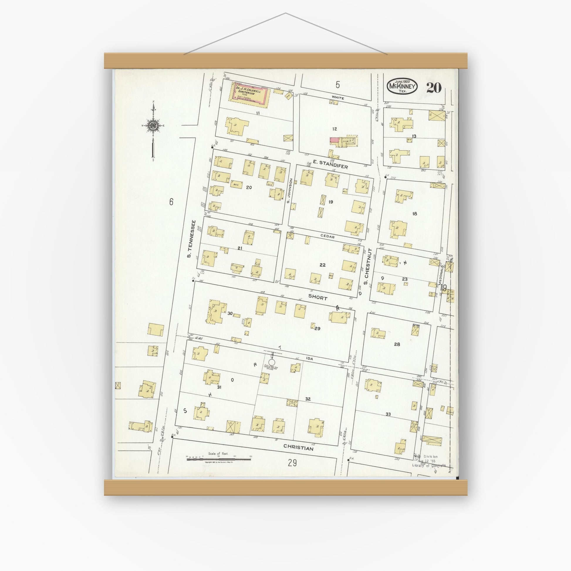 Old map wall art mockup — magnetic wood frame on white wall — Sanborn Fire Insurance Map from McKinney, Collin County, Texas (1920), Sheet #0020
