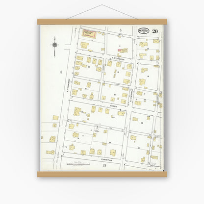 Old map wall art mockup — magnetic wood frame on white wall — Sanborn Fire Insurance Map from McKinney, Collin County, Texas (1920), Sheet #0020