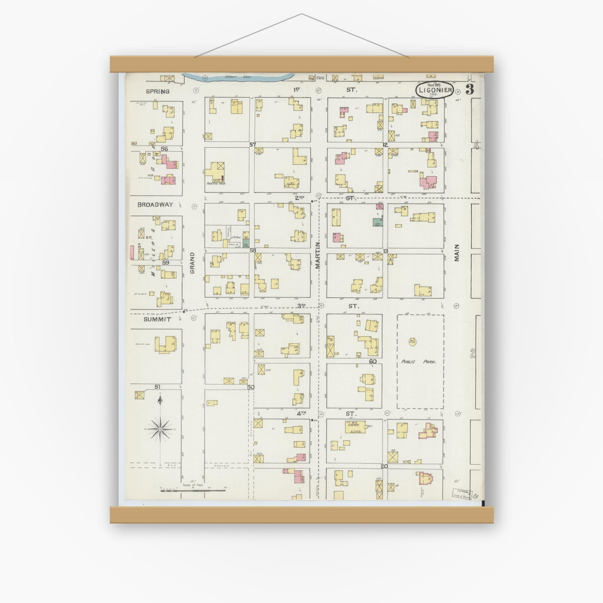 Old map wall art mockup — magnetic wood frame on white wall — Sanborn Fire Insurance Map from Ligonier, Noble County, Indiana (1892), Sheet #0003