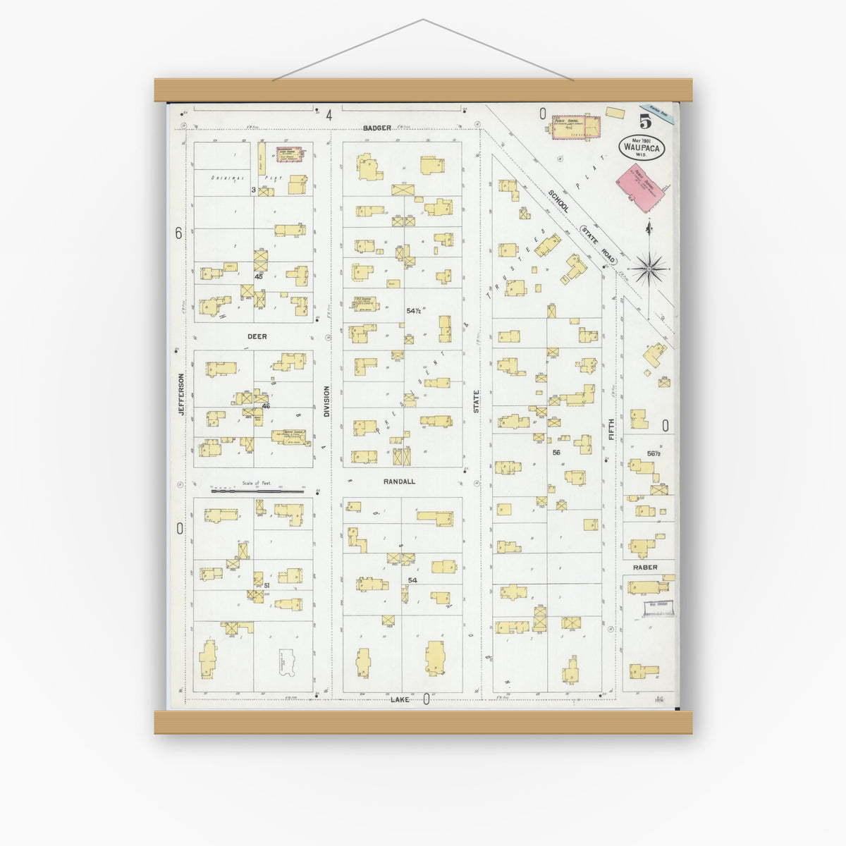 Old map wall art mockup — magnetic wood frame on white wall — Sanborn Fire Insurance Map from Waupaca, Waupaca County, Wisconsin (1901), Sheet #0005