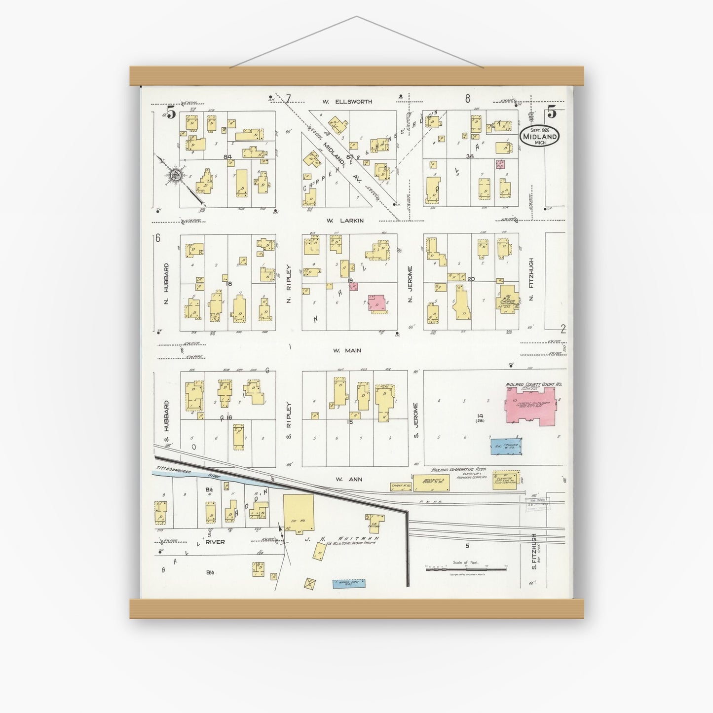 Old map wall art mockup — magnetic wood frame on white wall — Sanborn Fire Insurance Map from Midland, Midland County, Michigan (1926), Sheet #0005