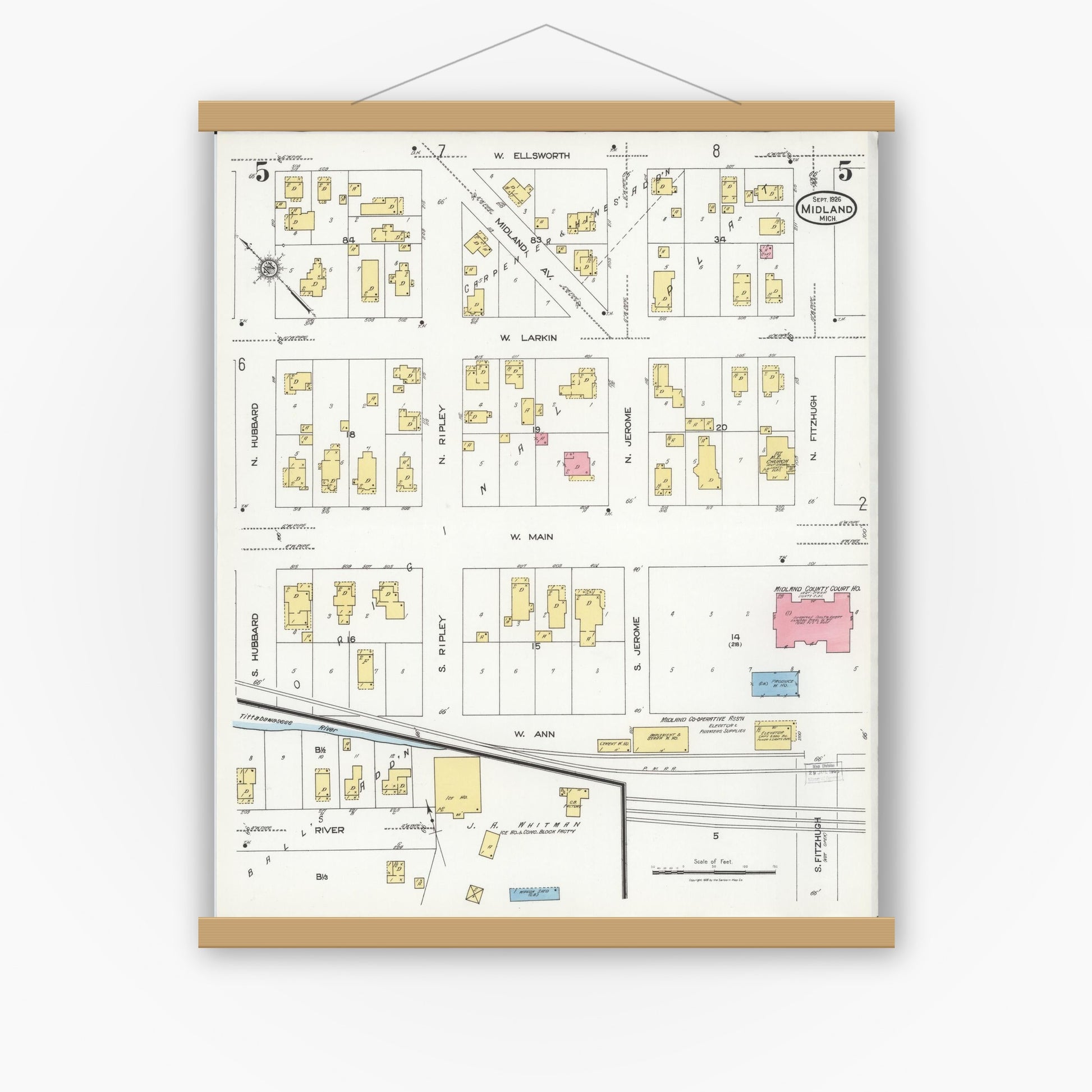 Old map wall art mockup — magnetic wood frame on white wall — Sanborn Fire Insurance Map from Midland, Midland County, Michigan (1926), Sheet #0005