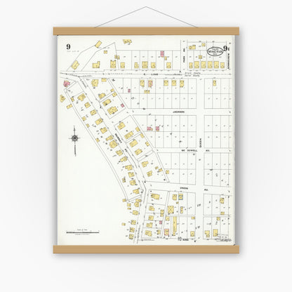 Old map wall art mockup — magnetic wood frame on white wall — Sanborn Fire Insurance Map from Minerva, Stark And Carroll Counties, Ohio (1925), Sheet #0009