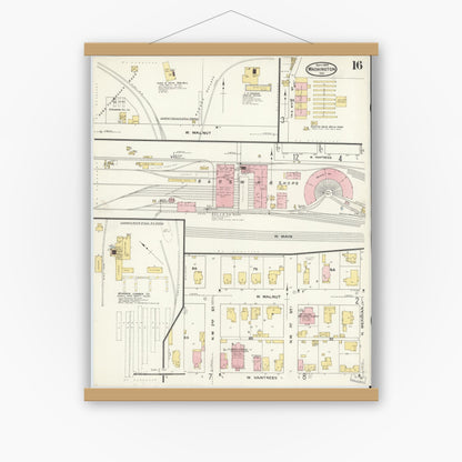 Old map wall art mockup — magnetic wood frame on white wall — Sanborn Fire Insurance Map from Washington, Daviess County, Indiana (1909), Sheet #0016