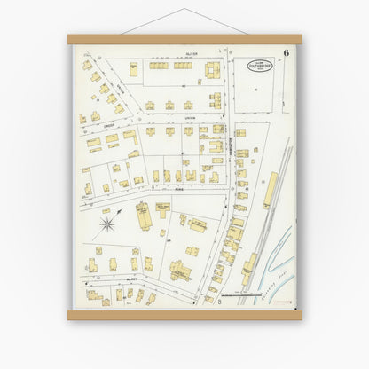 Old map wall art mockup — magnetic wood frame on white wall — Sanborn Fire Insurance Map from Southbridge, Worcester County, Massachusetts (1899), Sheet #0006