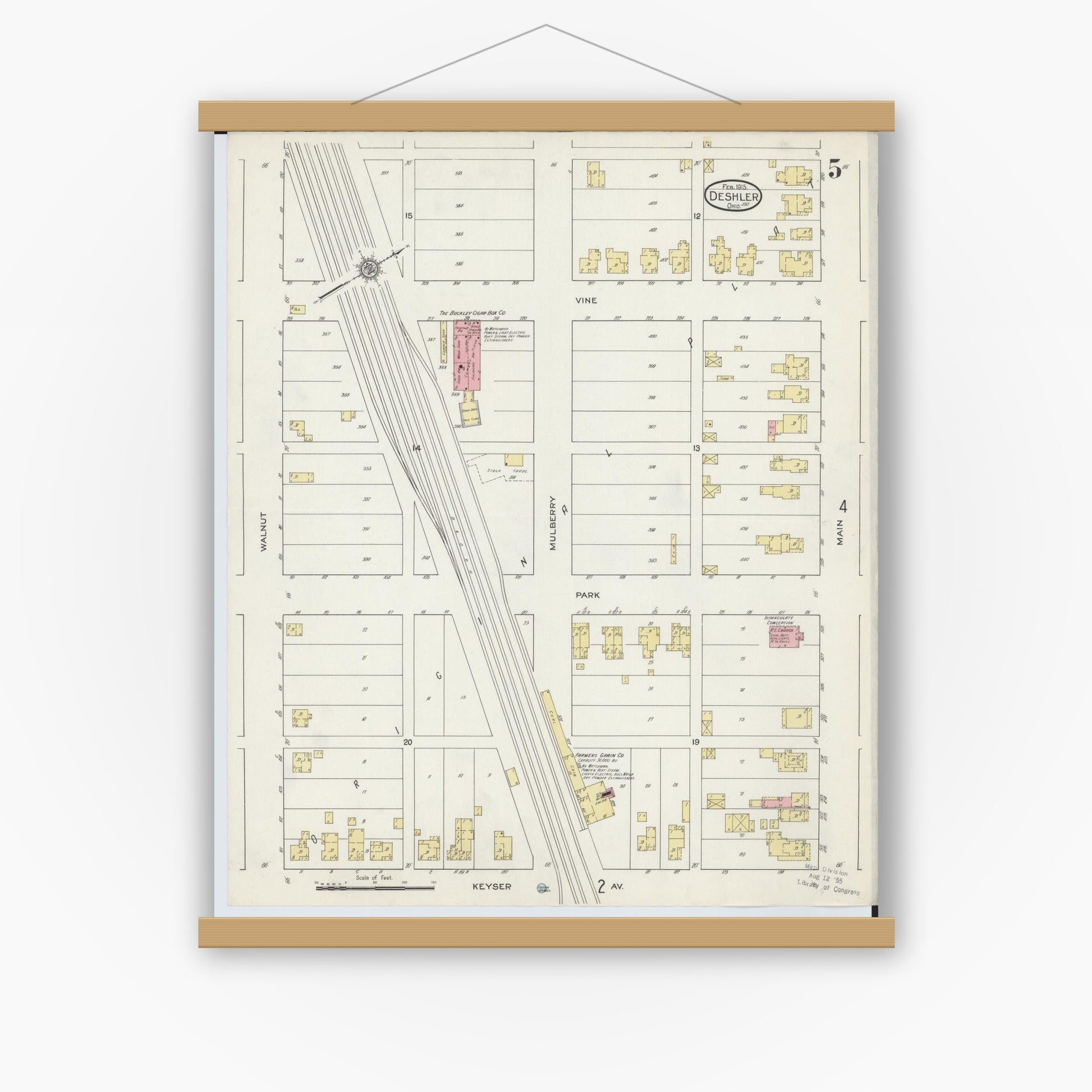 Old map wall art mockup — magnetic wood frame on white wall — Sanborn Fire Insurance Map from Deshler, Henry County, Ohio (1915), Sheet #0005